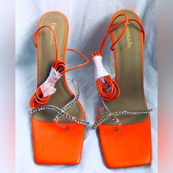 Orange strappy sandals with rhinestones size 10 - Picture 3 of 6